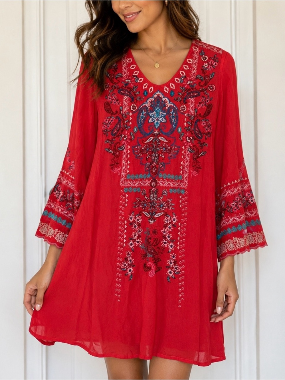 Johnny Was Lizzie Boho Embroidered Cupra Dress Red NWT✨ Size S